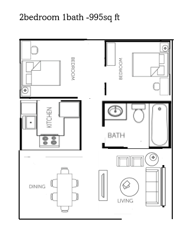 Floor plan for 2 beds, 1 bath, 995 sqft